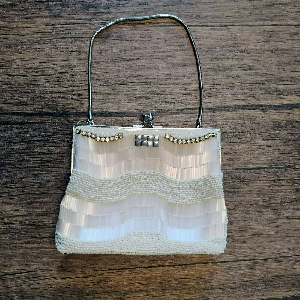 Vintage Bags By Laura Beaded Evening Clutch Purse With Rhinestones, Satin Lining